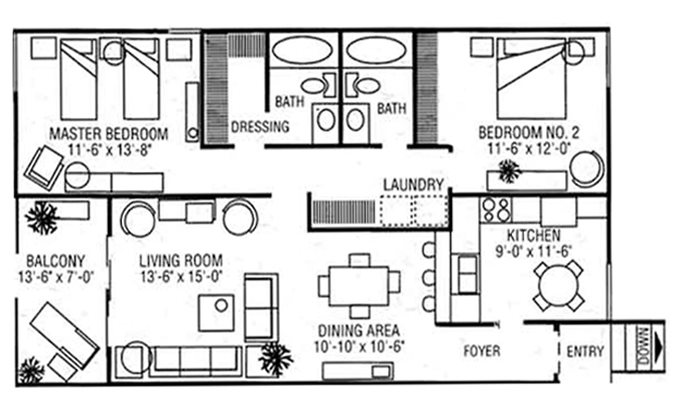 2 Bedrooms 2 Baths Floor Plan 3